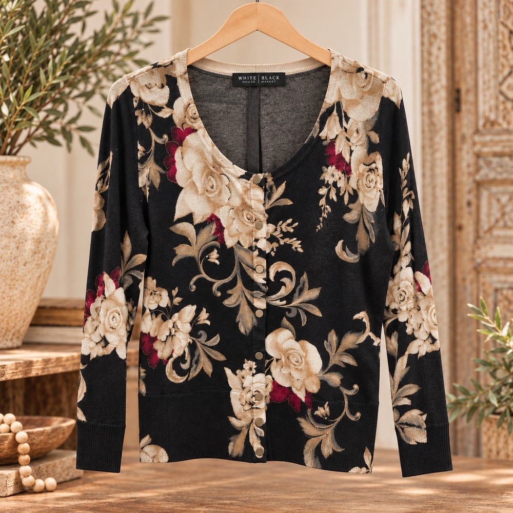 White House Black Market Floral Rhinestone Cardigan Black Tan V-Neck 3/4 Sleeve